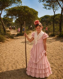 Vestido Flamenca Niña Rosa Lunares Blancos